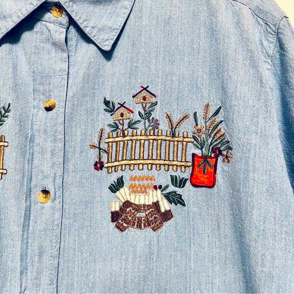Vintage Denim Button Down Shirt Womens Embroidered Novelty Cottagecore Plus 1X - Picture 6 of 7